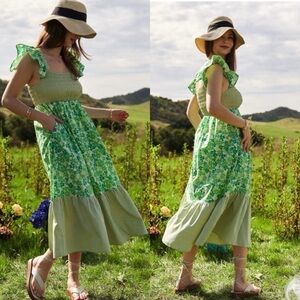 Smocked Oversized floral maxi multicolor flower pocket ruffle sleeve dress